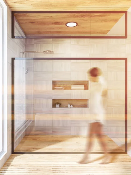 Frau Einem Badezimmer Mit Weißen Holzwänden Und Fußboden Und Einer — Stockfoto