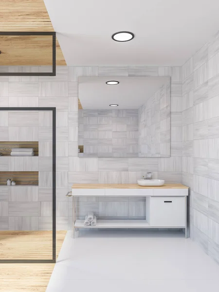 Lavabo Baño Con Espejo Vertical Colgado Una Pared Madera Blanca — Foto de Stock