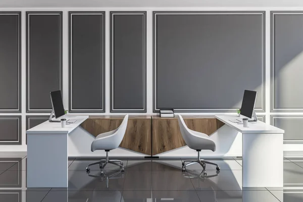 Stylish Manager Office Interior Two Wooden Computer Tables Standing Tiled — Stock Photo, Image