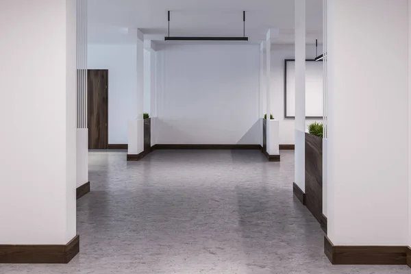 空のホテルやビジネス センター廊下閉じた木製ドアの白い壁とコンクリートの床 レンダリングをモックアップします — ストック写真