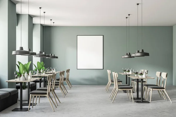 Modern Cafe Interior Gray Green Walls Large Windows Concrete Floor — Stock Photo, Image