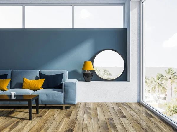 Moderní Obývací Pokoj Interiér Modrými Stěnami Dřevěnou Podlahu Modré Pohovce — Stock fotografie
