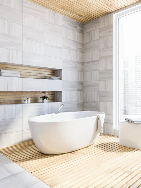 Bathroom corner with white wooden walls and floor, and a bathtub standing near a large window. 3d rendering. — Stock Image Bathroom Corner White Wooden Walls Floor Bathtub Standing Large Window Stock Picture