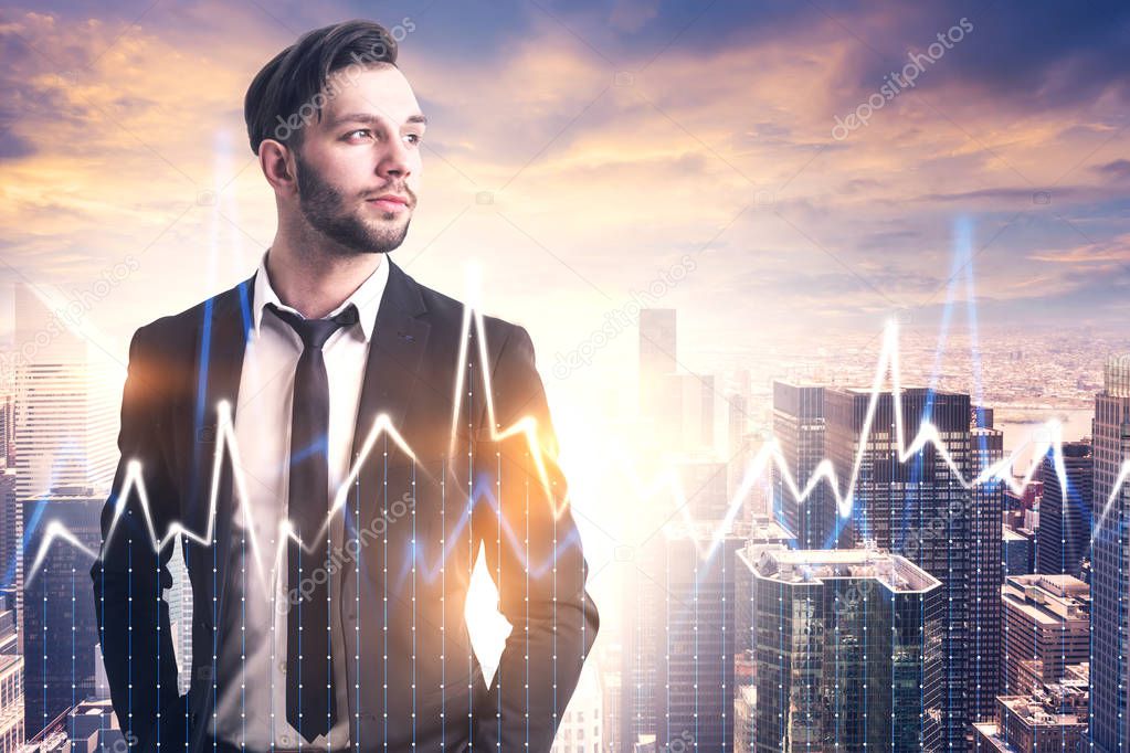 Confident young businessman with a beard standing with his hands in pockets looking sideways. Evening city view background. Forex diagram foreground. Toned image double exposure mock up