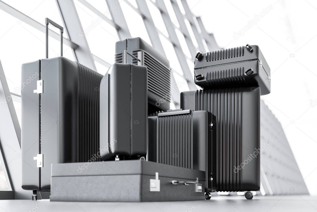Stack of black suitcases of all sizes and forms standing on an airport floor near a large window. Concept of travelling for work and pleasure. 3d rendering mock up