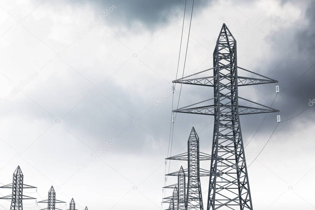 Row of high voltage steel power line supports over a gray sky with many clouds. 3d rendering mock up