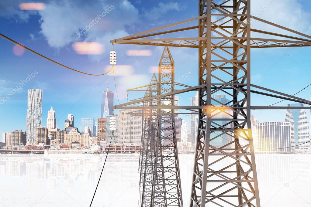 Many high voltage steel power line supports over a blue sky with clouds. 3d rendering, mock up toned image. City and its reflection.