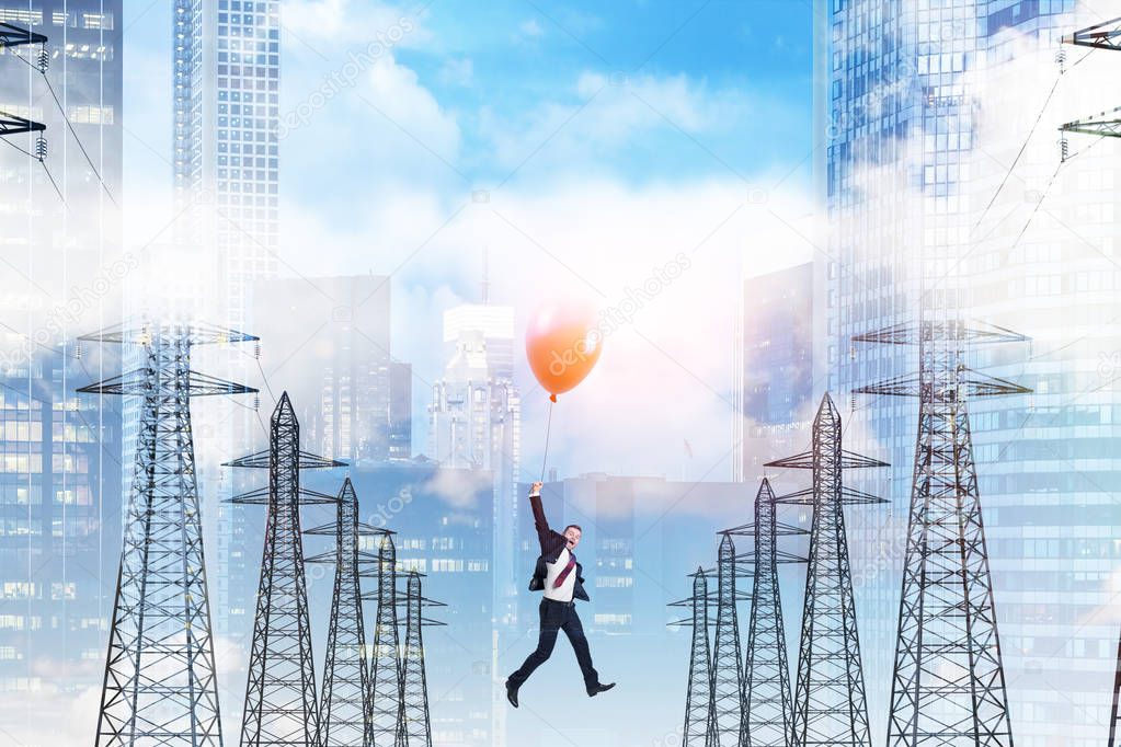 Businessman flying holding a red balloon over a row of high voltage steel power line supports. Blue sky with many clouds and cityscape. 3d rendering mock up