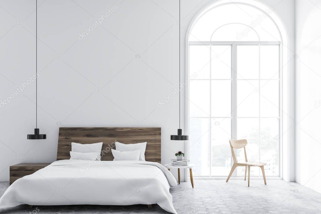 Front view of Scandinavian style bedroom with white walls, a tiled floor, a clothes rack, and a master bed with bedside tables. 3d rendering mock up