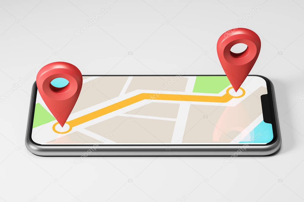 Schematic bright map with two large red pointers showing the route and destination point on a smartphone screen. Concept of navigation, finding your goal and GPS tracking. 3d rendering mock up
