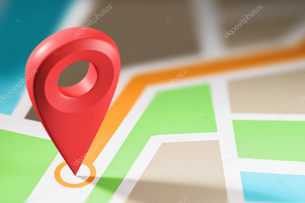 Schematic bright map with a large red pointer showing the destination point. Concept of navigation, finding your goal and GPS. 3d rendering mock up