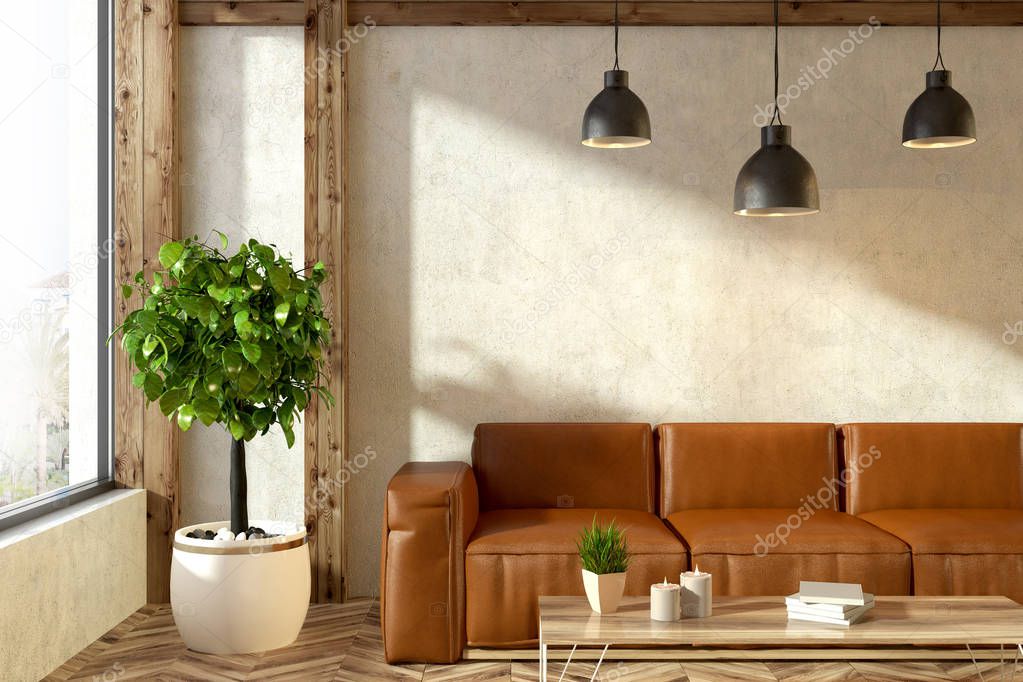 Beige minimalistic living room interior with panoramic windows, a brown leather sofa standing next to a coffee table and tree in pot. 3d rendering mock up