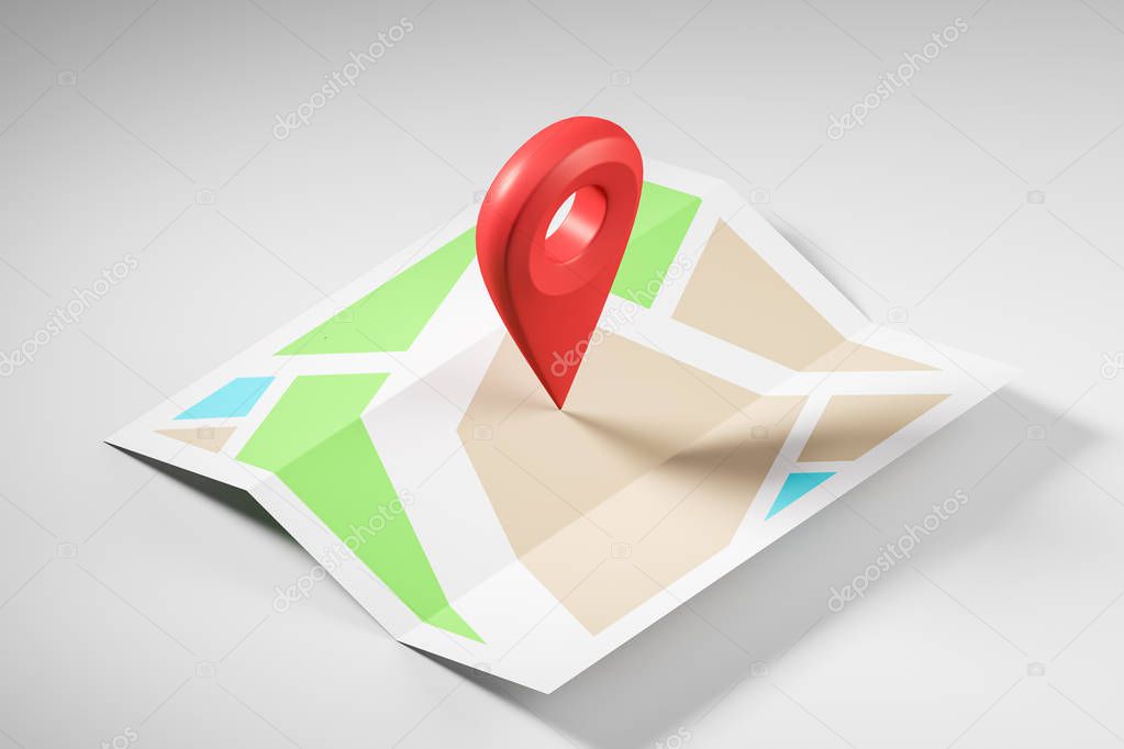 Schematic bright map with a large red pointer in the centre showing the route and destination point. Concept of navigation, finding your goal and GPS. 3d rendering mock up