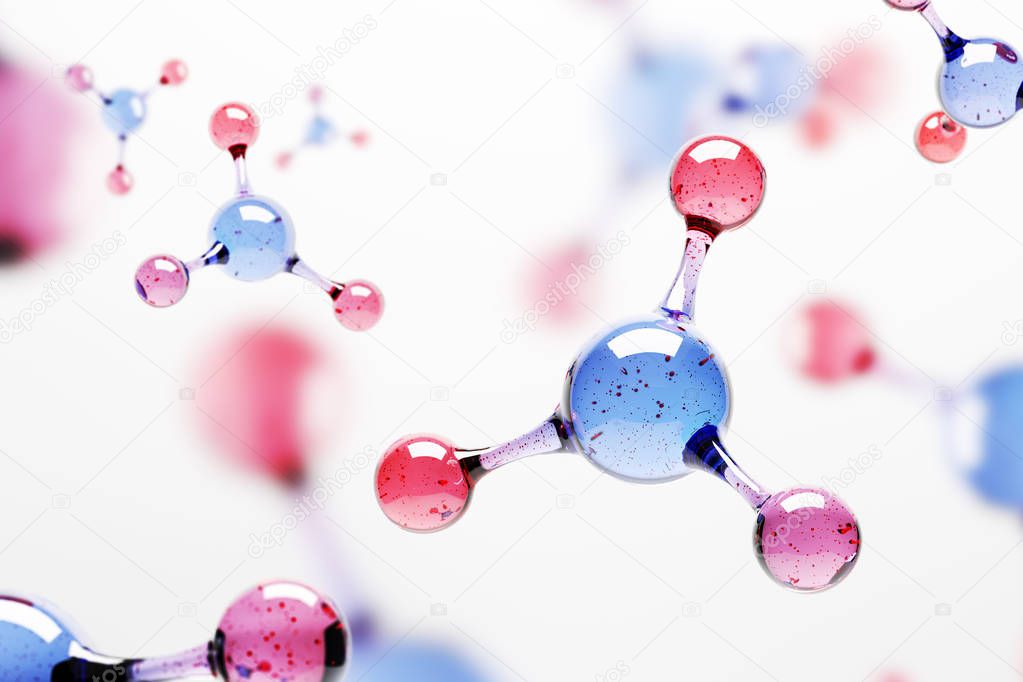 Blue and red molecule atom grid over white background. Science, DNA, biotechnology concept. 3d rendering mock up blurred