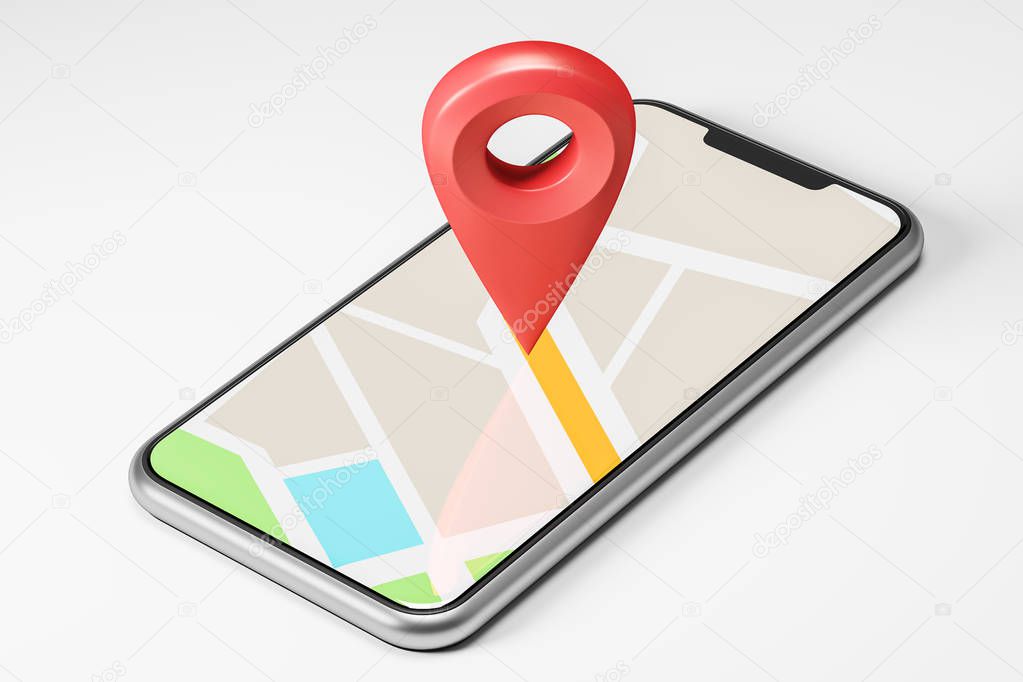 Schematic bright map with a large red pointer in the centre showing the route and destination point on the smartphone screen. Concept of navigation, finding your goal and GPS. 3d rendering mock up