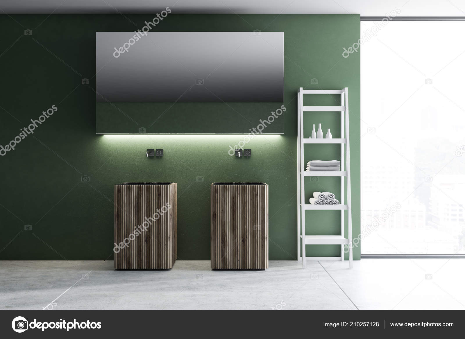 Wooden Double Sink Long Horizontal Mirror Hanging Luxury Green Wall Stock Photo Image By C Denisismagilov 210257128