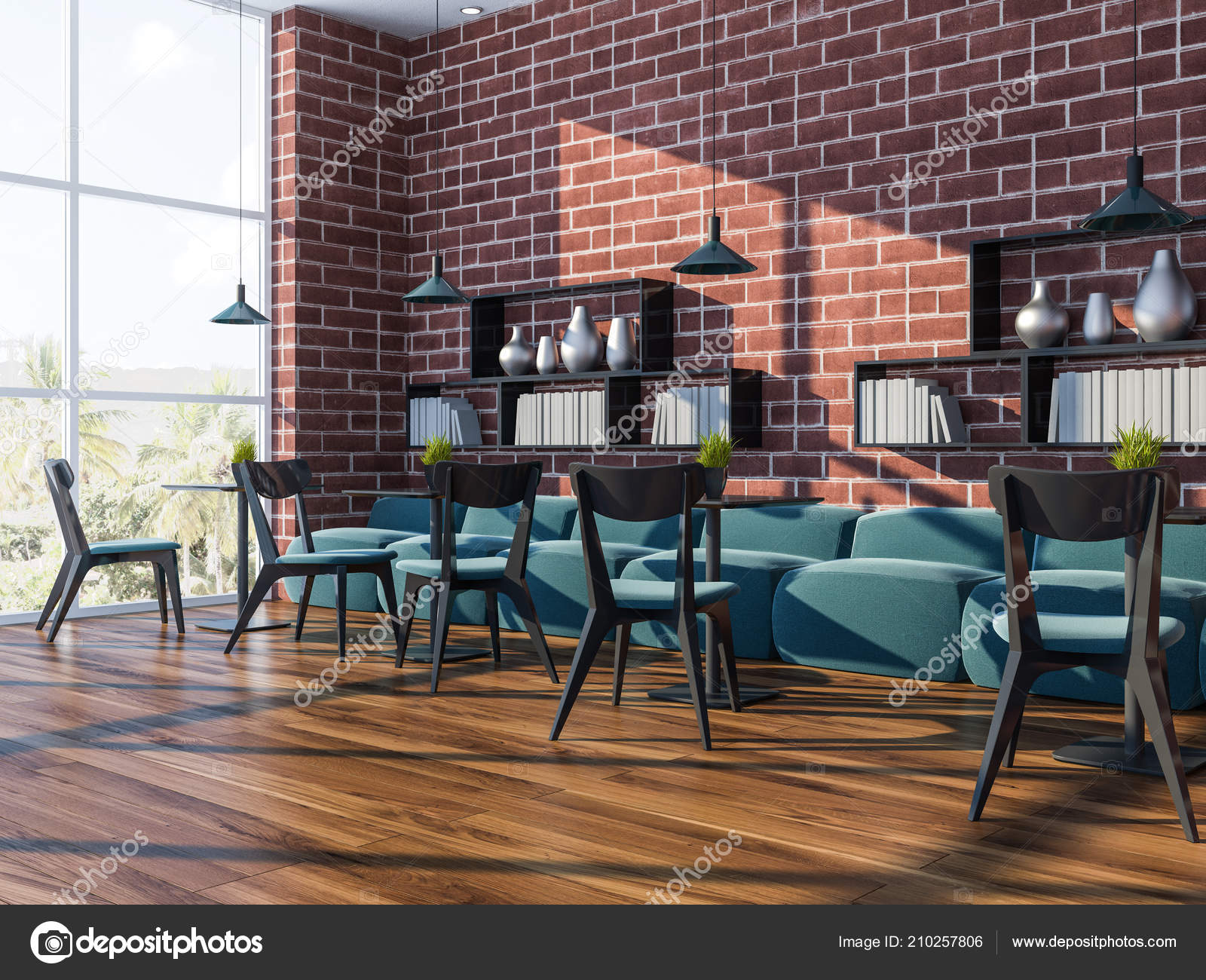 Brick Wall Coffee Shop Corner Wooden Floor Large Windows Tropical