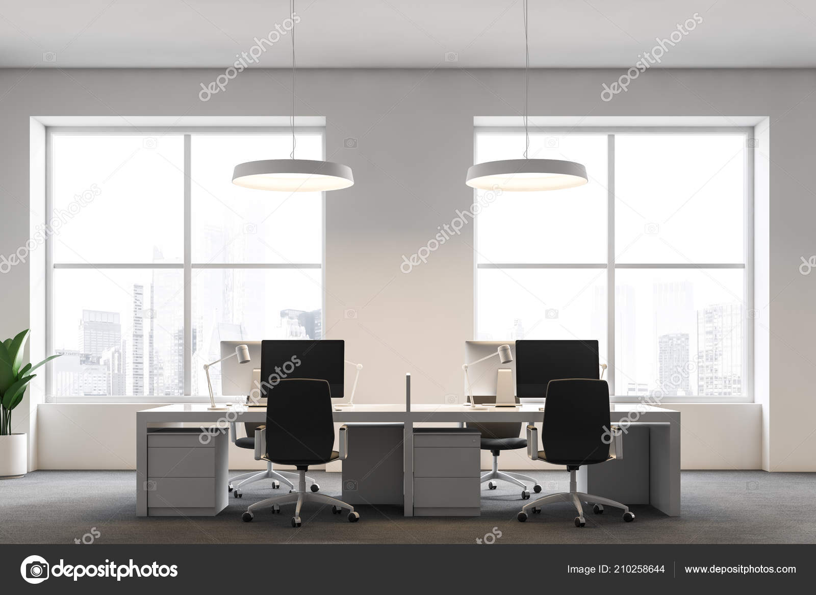 Front View White Office Gray Carpet Floor Ceiling
