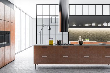 Panoramik pencerelere, altıgen gri karo zemin ve yerleşik aletleri ile kahverengi mutfak tezgahı ile modern gri duvar mutfak iç. 3D render alay