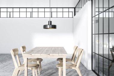 Modern beyaz duvar yemek odası iç ile altıgen gri karo zemin ve dar pencere eşiği. Ham ahşap bir masa sandalye ile. Office mutfak. 3D render alay