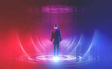 Rear view of a businessman in suit standing inside a red blue abstract glowing immersive graphical user interface. Toned image double exposure mock up clipart
