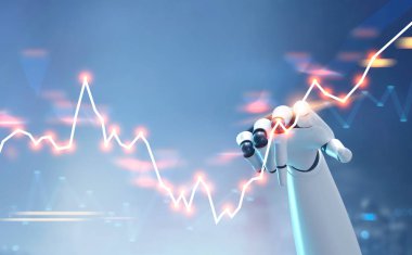 Beyaz siyah robot el üzerinde parlayan Forex grafik dokunmadan şehir arka plan bulanık. AI ve hi tech kavramı. Tonlu görüntü pozlama sahte katlayın