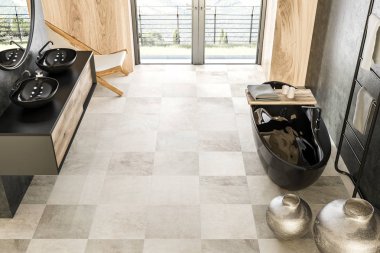 En iyi görünümü ahşap duvar banyo iç kiremitli kat, Fransızca penceresi, siyah küvet ve yuvarlak ayna üstündeki siyah çift lavabo ve oncrete. Vazo. 3D render alay