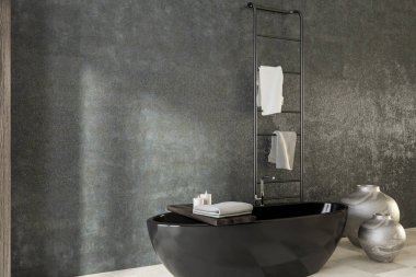 Beton duvar banyo iç kiremitli kat, siyah küvet ve vazo ile. Bir havlu askısı. 3D render alay