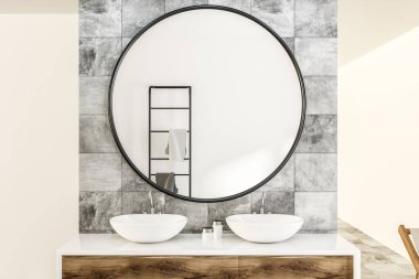 Yukarıda bir lüks mermer ve beyaz duvar banyo iç asılı bir yuvarlak ayna ile ahşap sayaçta beyaz çift lavabo. Spa. Otel. 3D render