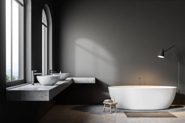 Gri duvar banyo iç beton zemin, kemerli pencereler, beyaz küvet ve çift lavabo ile. Zemin lamba. 3D render alay