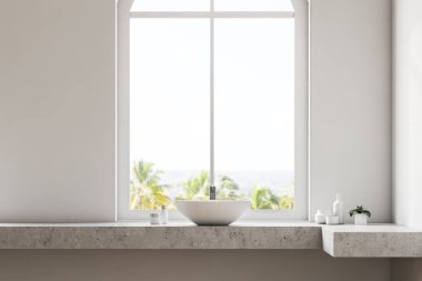 Beyaz lavabo beyaz duvar banyo iç büyük bir kemerli pencere ile beyaz beton rafta. Lüks yaşam tarzı ve spa. Otel. 3D render alay