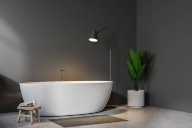 Beton zemin, beyaz küvet ve zemin lamba bir palant yanındaki gri duvar banyo köşesi. 3D render alay