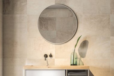 Banyo lavabo bej döşemeli duvarda asılı bir yuvarlak ayna ile. İç Tasarım kavramı. 3D render