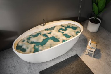 Üstten görünüm gri duvar banyo iç beton zemin, köpüklü beyaz küvet ve bir tencerede bir bitki. 3D render alay