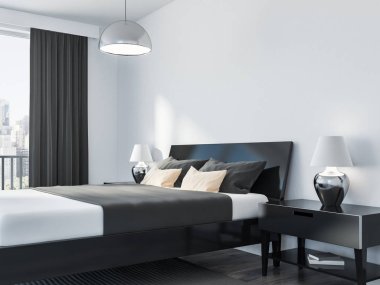 Beyaz duvarları, ahşap bir zemin, bir çift kişilik yatak ve iki başucu masa lambaları ile modern bir yatak odası köşesinde. Çatı penceresi. 3D render alay