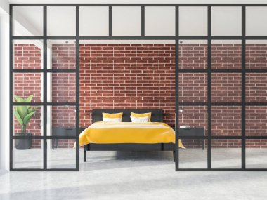 Tuğla duvarlar, beyaz bir zemin, bir deri karyola olarak görülen bir cam duvar boyunca iki başucu tablolarla ile modern yatak odası iç. 3D render alay