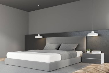 Gri duvarlar bir İskandinav tarzı yatak odası, bir ahşap zemin halı, çatı pencereleri ve bir karyola başucu tablolarla köşesinde. 3D render alay