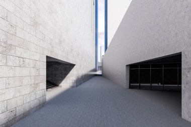 İki iş bina merdiven ve park yeri girişi ile arasındaki dar geçit. Sıcak bir günde Cityscape ve mavi gökyüzü. 3D render alay