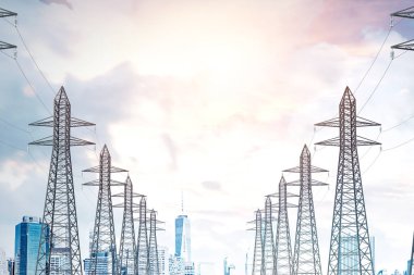 Çok bulutlu bir gökyüzü üzerinden yüksek gerilim çelik güç satırının satır destekler. Modern cityscape arka plan. 3D render alay