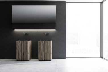 Ahşap çift lavabo üzerinde bir lüks siyah duvar çatı banyo iç asılı bir uzun yatay ayna ile. Spa Hotel. Önden görünüm. 3D render alay