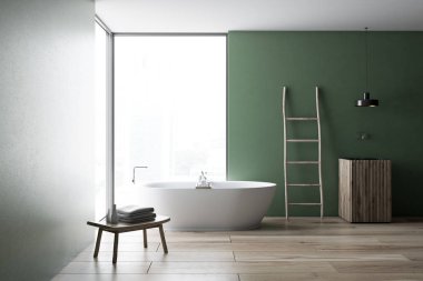 Modern yeşil duvar banyo iç ahşap zemin, çatı penceresi, merdiven, ahşap lavabo ve küvet. Spa, otel ve lüks emlak. 3D render alay