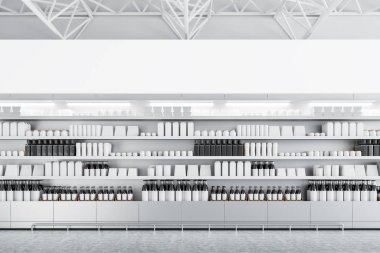 Row of store shelves with mock up bottles and boxes. Concept of marketing, consumption and product placement. 3d rendering mock up