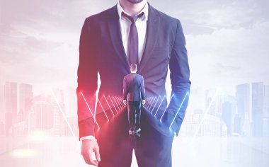 Kamera ve wlking uzun tünelde onu içinde neon ışıklı bakarak tanınmaz halde iş adamı. İş ve yaşam yolunuzu bulma kavramı. Tonlu görüntü pozlama sahte katlayın