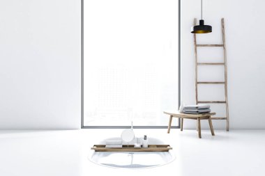 Beyaz duvarlar ve zemin, yerleşik bir küvet, bir cityscape, bir merdiven ve küçük bir tablo ile bir çatı penceresi özgün minimalist banyo iç. 3D render alay