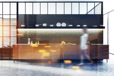 Kadın siyah ve beton duvar mutfak iç kiremitli kat, kahverengi dolaplar ve yemekleri ile siyah raflar ile. 3D render bulanık görüntü çift pozlama tonda