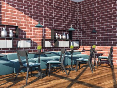Tuğla duvar kahvehane iç ahşap zemin, mavi kanepe, sandalye ve siyah masa ile. Kitap rafı duvar. 3D render alay