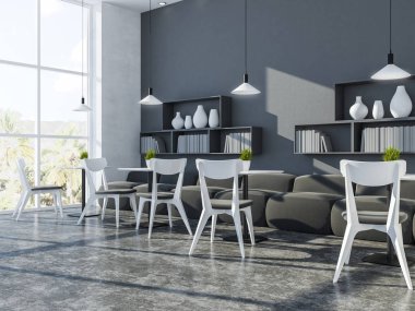 Gri şık kafe köşesi, panoramik pencere