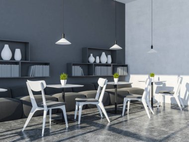 Gri ve beyaz duvar kahvehane iç bir beton zemin, gri kanepe, sandalye ve masa ile. Kitap rafı duvar. 3D render alay
