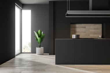 Siyah duvar mutfak iç ahşap zemin, siyah dolaplar ve mutfak tezgahı ve bir lavabo ile bir ada. Loft windows. 3D render alay