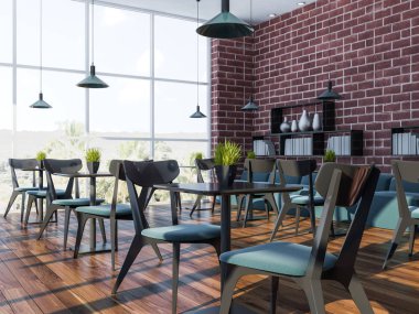 Tuğla duvar hipster kahvehane iç ahşap zemin, mavi kanepe, sandalye ve siyah masa ile. Kitap rafı duvar. 3D render alay